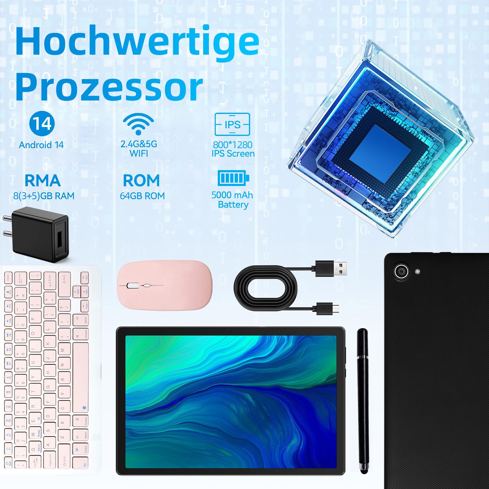 BUFO 10 Zoll 1280x800 HD 5000mAh WiFi 6 mit Tastatur, Maus und Stylus Tablet (10.1", 64 GB, Android 14, 5G WiFi, Android 14 mit Tastatur Set, KI-Unterstützung, 8GB+64GB)