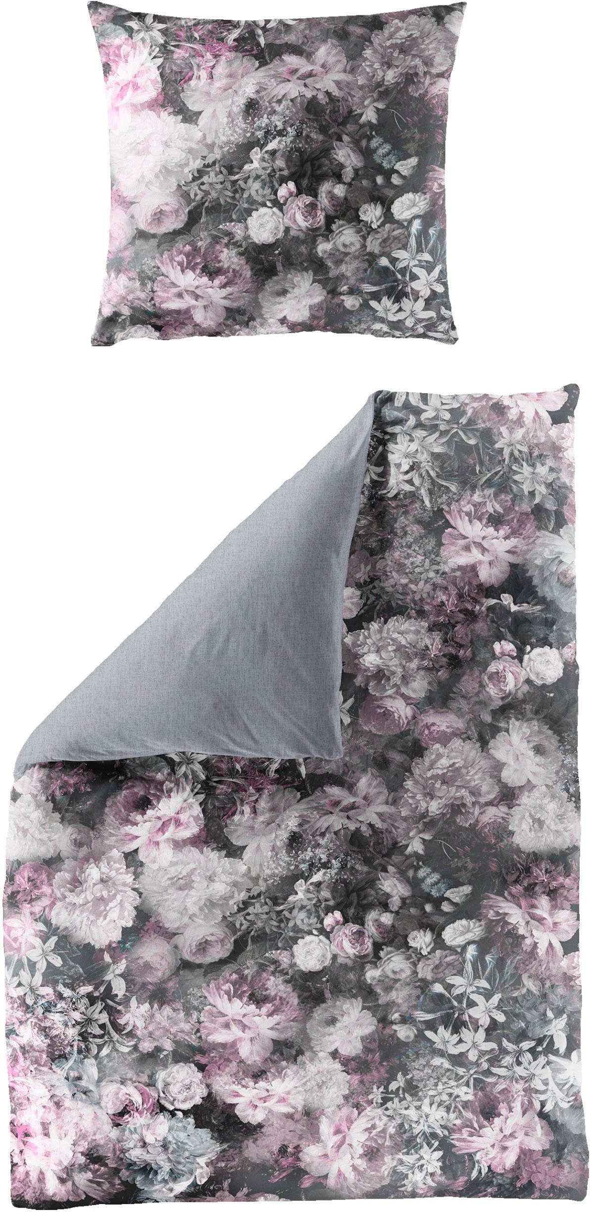 BIERBAUM Bettwäsche Bunte Blumen in Gr. 155x220 cm, Mako-Satin, 2 teilig, Bettwäsche aus Baumwolle, geblümte Bettwäsche mit Wendeoptik