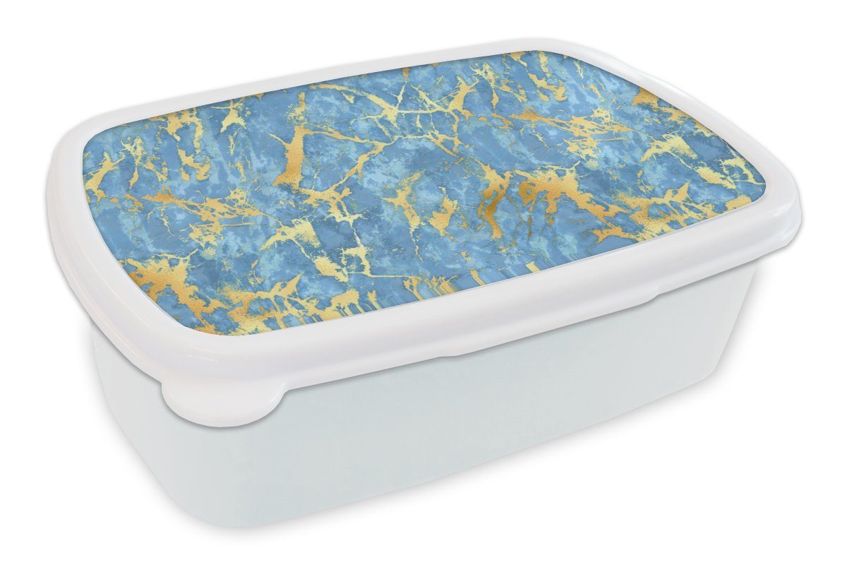 MuchoWow Lunchbox Marmor - Gold - Blau, Kunststoff, (2-tlg), Brotbox für Kinder und Erwachsene, Brotdose, für Jungs und Mädchen weiß