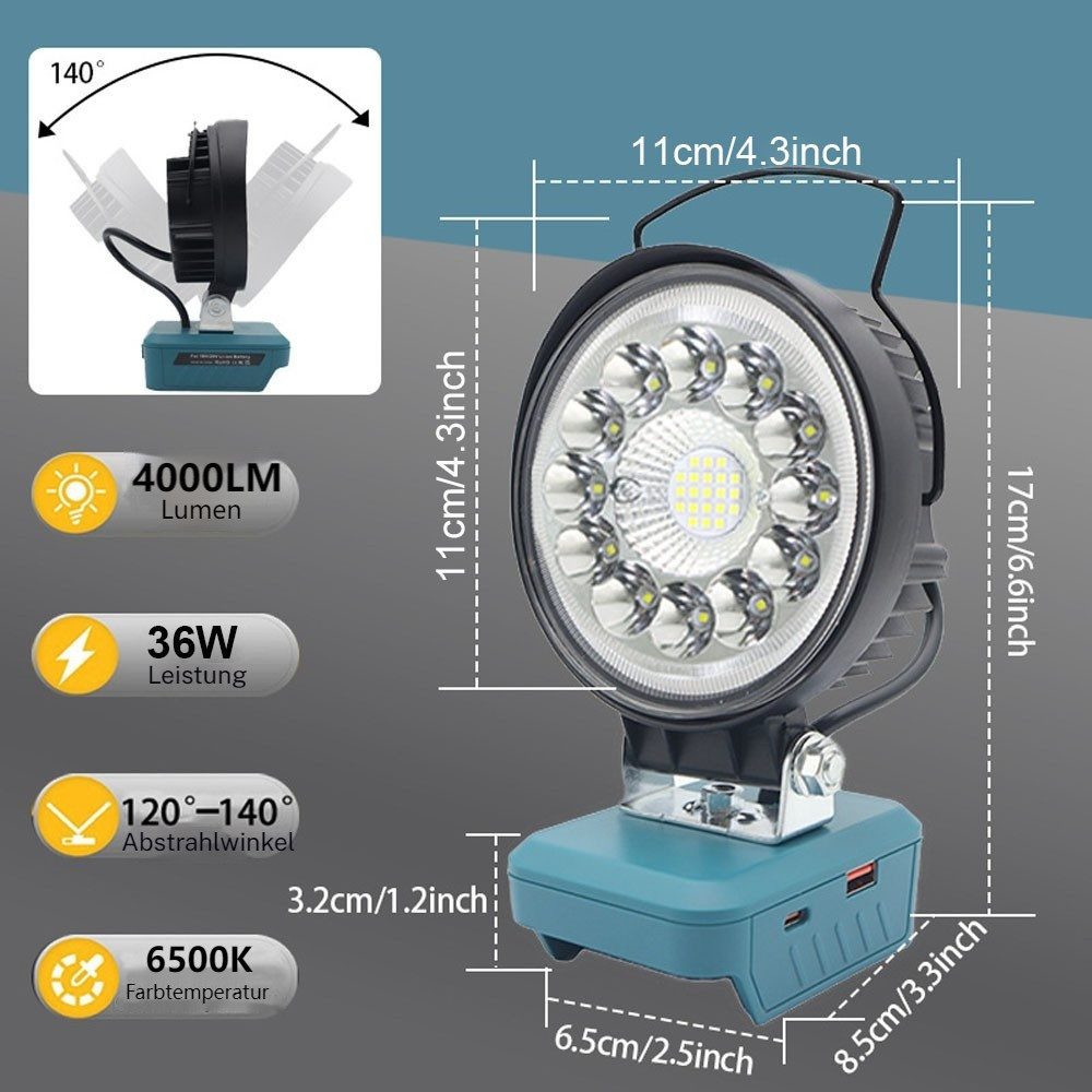 PRIISF Arbeitsleuchte Für Makita Li-ion Akku-Lampe LED Arbeitslicht Baustrahler Handlampe, Rund, Arbeitsleuchte 18V Strahler Licht, kabellose HOCHLEISTUNG Taschenlampe, Baustellen Lampe Akku Scheinwerfer mit Typ C und USB-Aufladung
