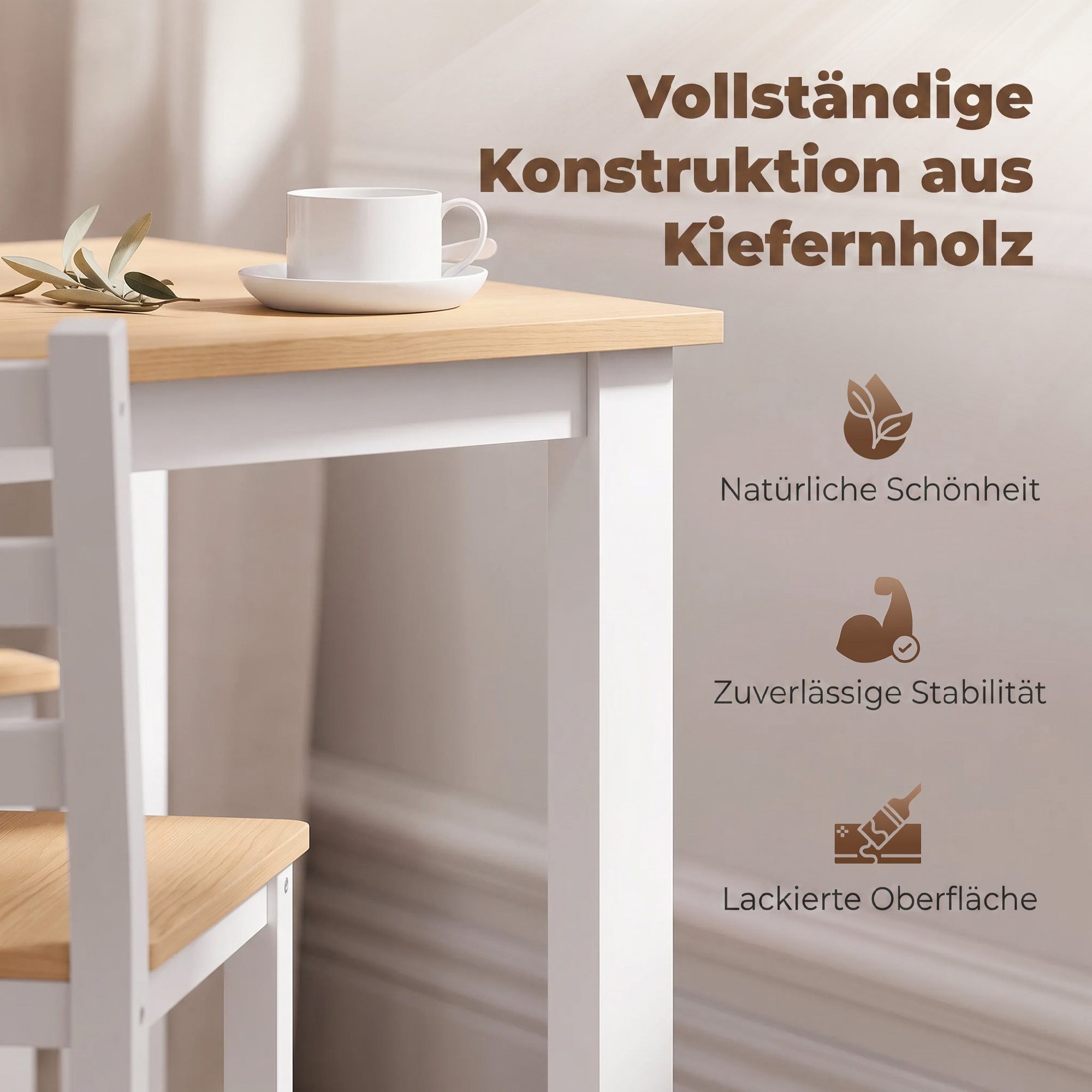 HOMCOM Essgruppe Esstisch mit 4 Stühlen aus Massivholz, (Set, 5-tlg., 1 Tisch, 4 Stühle), Platzsparendes Set, Stühle unterschiebbar – Bild 5 von 5