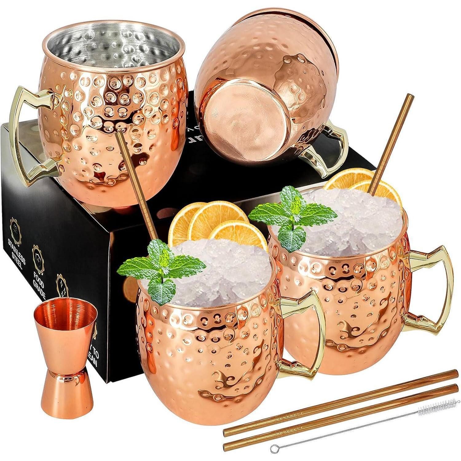 LuxusKollektion Becher Moscow Mule Kupferbecher-Set Premium 4 Stück 54cl mit Zubehör, Metall