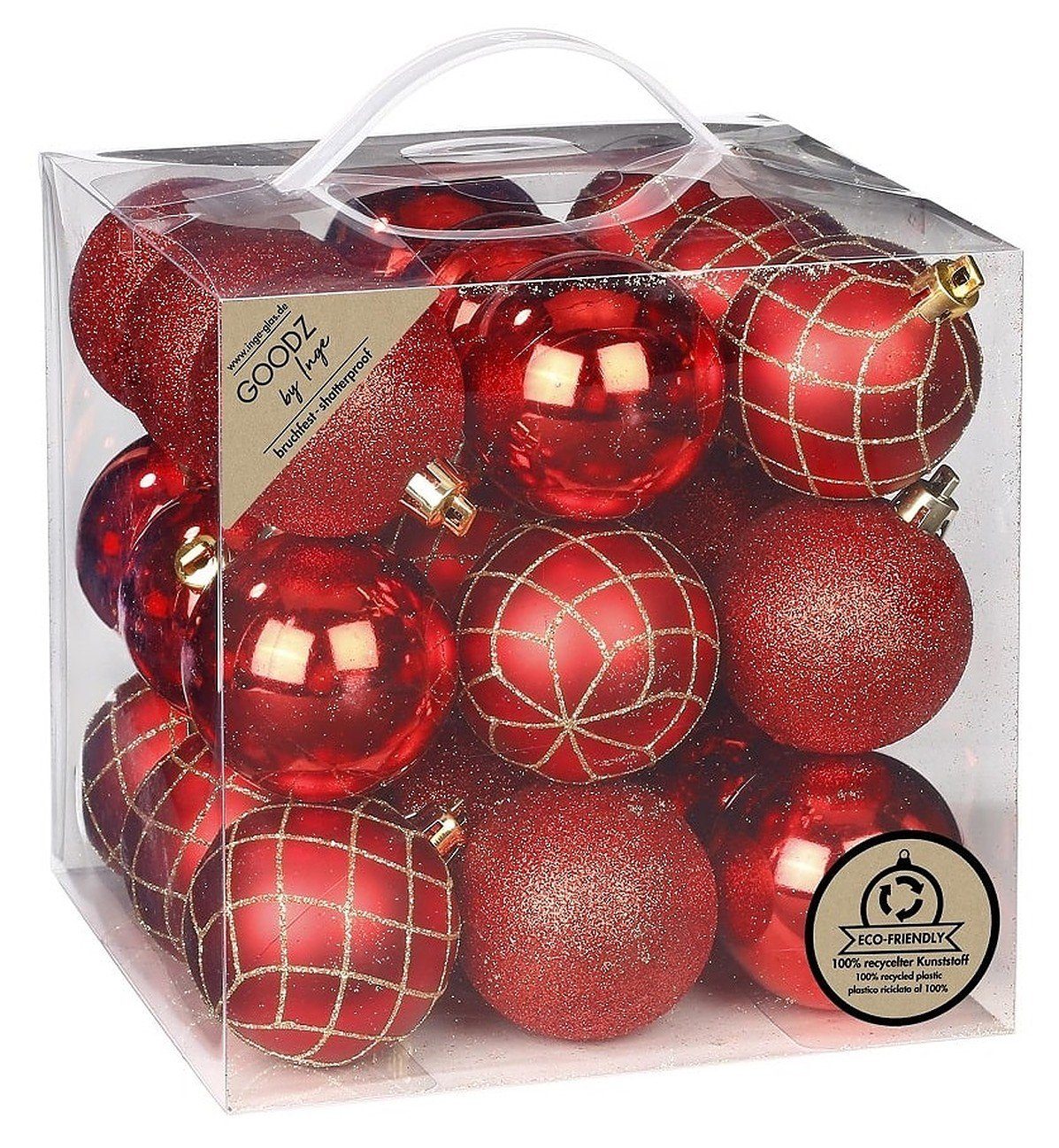 INGE-GLAS® Christbaumschmuck Inge's Weihnachtskugeln 27 Stück 6 cm Rot, Kunststoff, bruchfest, Baumdekoration, Baumschmuck, Weihnachtsdekoration