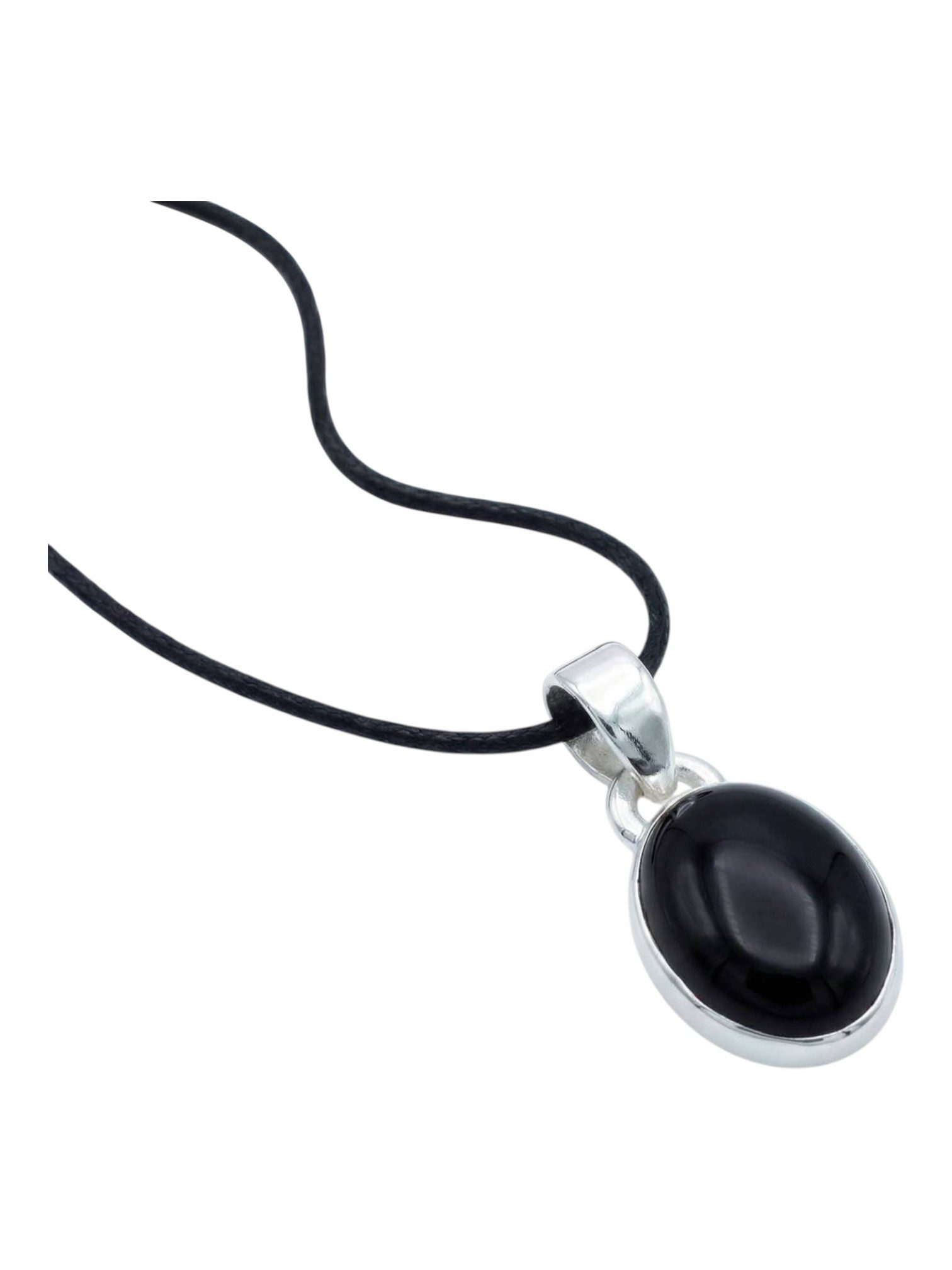 mantraroma Kettenanhänger SAMA oval aus 925 Silber mit Onyx (Kettenanhänger am Baumwollband im Schmuckbeutel), 925 Sterling Silber Kettenanhänger für Damen
