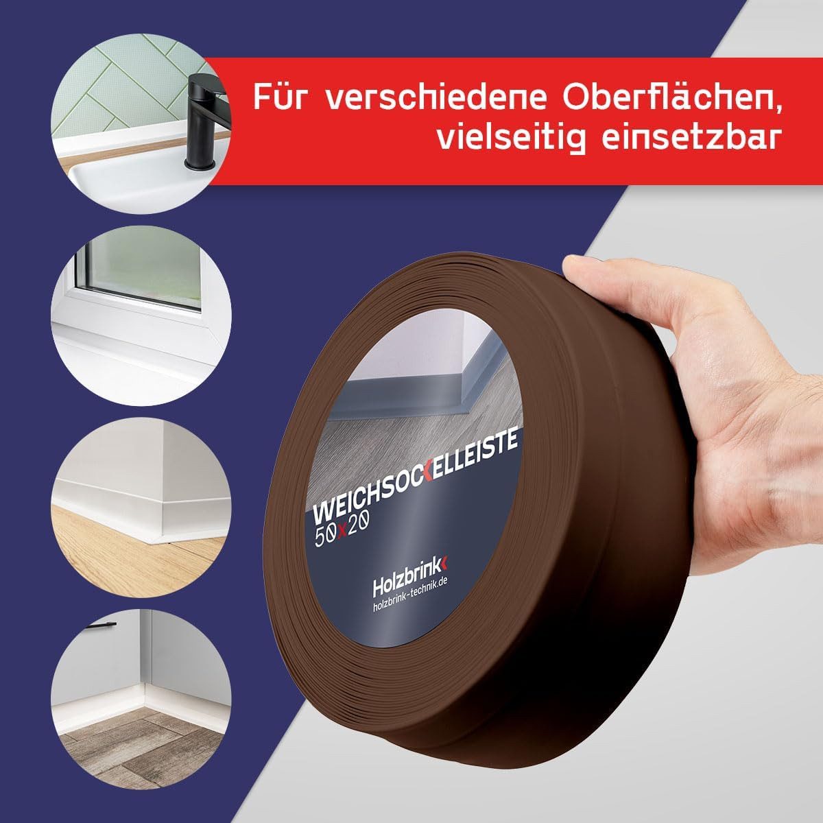 HOLZBRINK Sockelleiste HOLZBRINK selbstklebend PVC 50x20mm, 1 m, L: 100 cm, 1m Rolle, Küchenleiste Abschlussleiste für Badezimmer Farbe: Schokolade – Bild 4 von 5