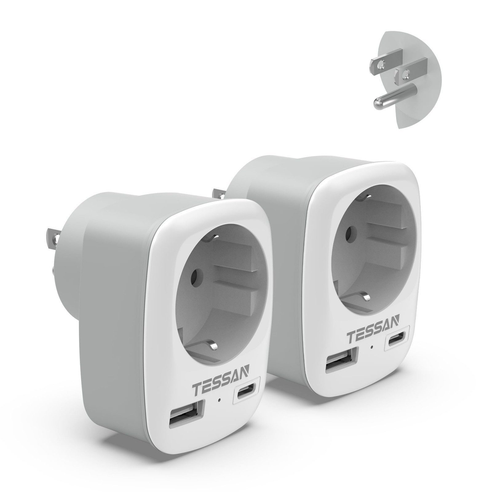 TESSAN 2 Stück klappbarer 3-in-1 Reiseadapter für UK-Stecker in EU-Steckdosen Reiseadapter AC Buchse, USB A, USB C, Typ G Buchse zu Type B, 3250W UK Adapter mit USB C und USB A, Stromadapter für Irland Dubai