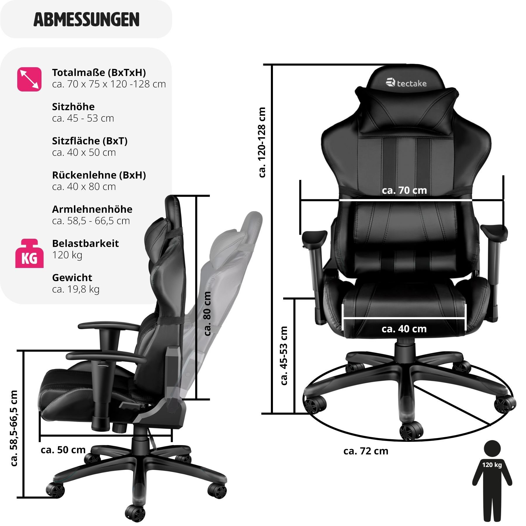 schwarz Racing Streifen bis tectake mit 1 Bürostuhl verstellbar (1er, Rückenlehne Gaming-Stuhl 105° Premium St),