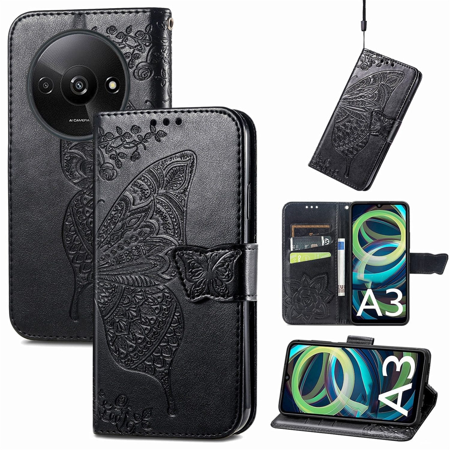 Wigento Handyhülle Für Xiaomi Redmi A3 Tasche Book Wallet Schmetterling Design Hülle Case