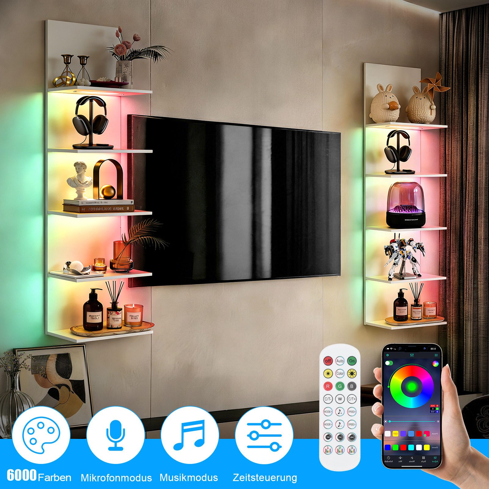 XERSEK Bücherregal Schweberegal Wandregal mit RGB+IC Lauflicht, Wanddisplay Hängeregal, 5-Stufig, 30×18×117cm, App-/Fernbedienung & Einzeln Ansteuerbare LEDs, Wandboard Aufbewahrung & Zeigen von Kopfhörer Modelle Duft Dekoartikel