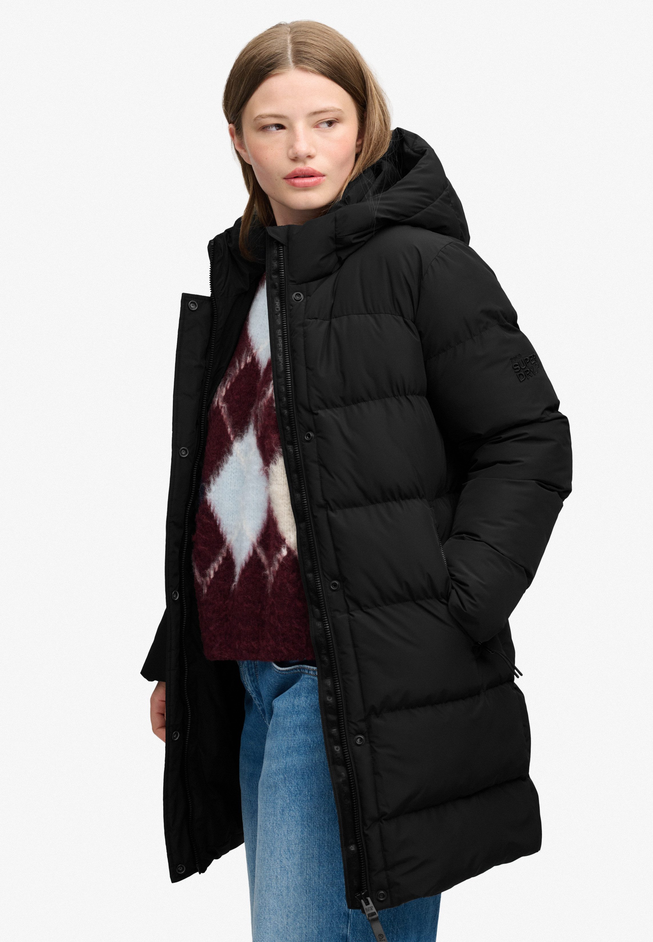 Superdry Steppjacke HOODED SPORTS PUFFER MID JKT Kunstfaser, relaxed fit
