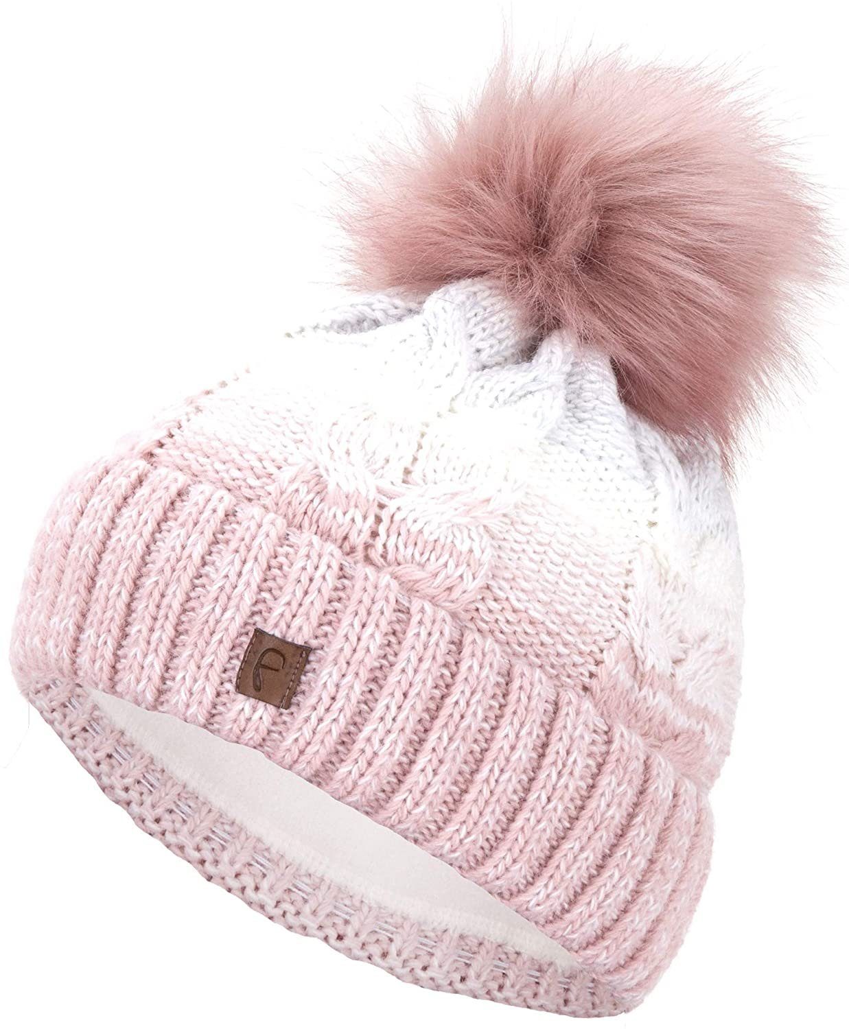Beanie Wintermütze warm gefüttert mit Kunstfell Bommel-Mütze Fleece-Futter