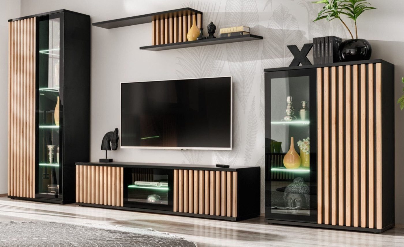 Furn.Design Wohnwand Morgan, (in schwarz matt mit Eiche Lamellen, 4-St., 35 günstig online kaufen