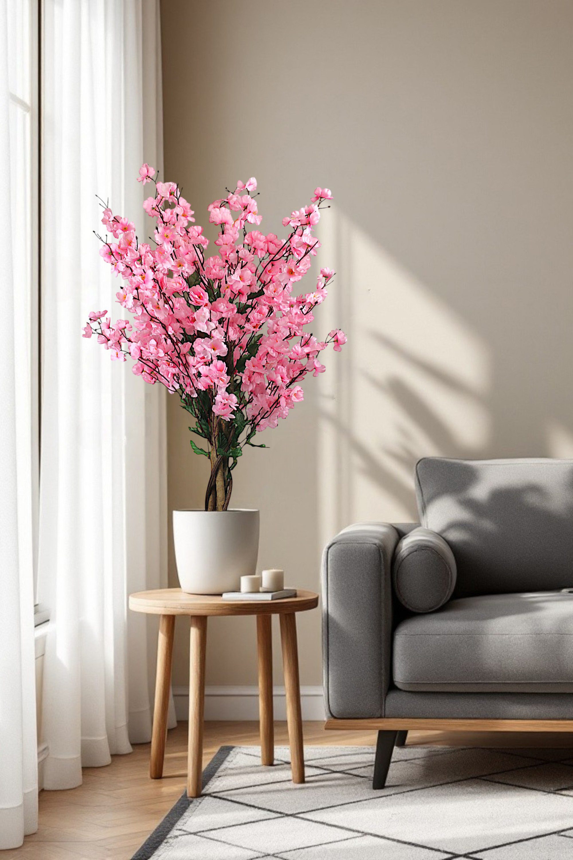 Kunstpflanze Blütenbaum Wintersweet Künstliche Pflanze Blüten Pink Deko Pfirsich, Arnusa, Höhe 90 cm, Frühlingsdeko mit Echtholzstamm – Bild 4 von 5