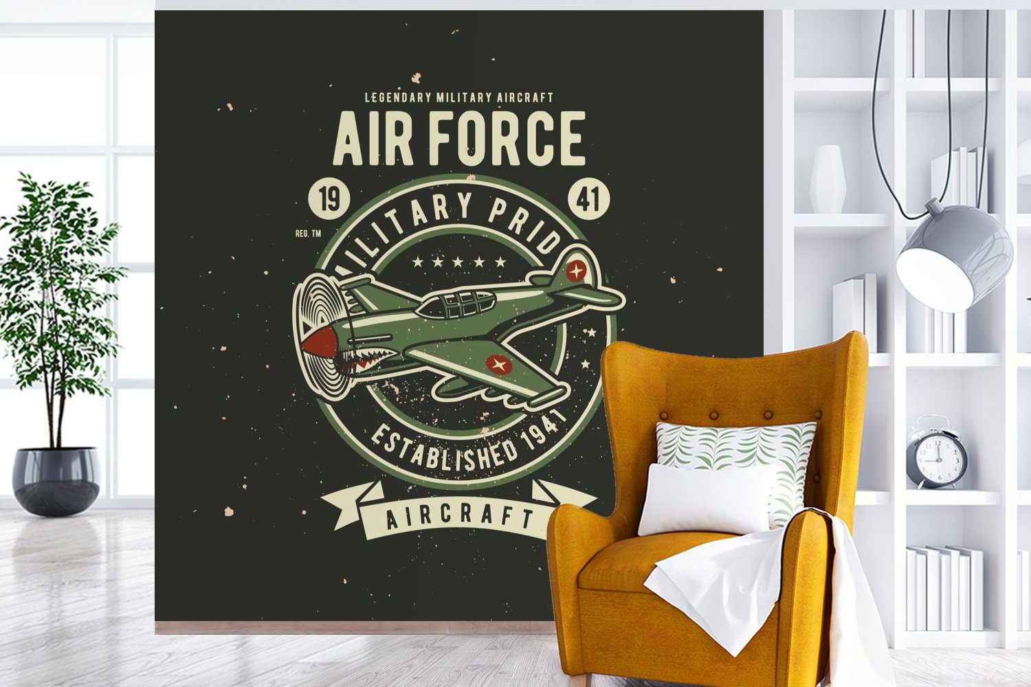 MuchoWow Fototapete Mancave - Wandtapete - Flugzeug Tapete Armee oder Wohnzimmer Vinyl bedruckt, Matt, Schlafzimmer, für Altmodisch, (5 St), 