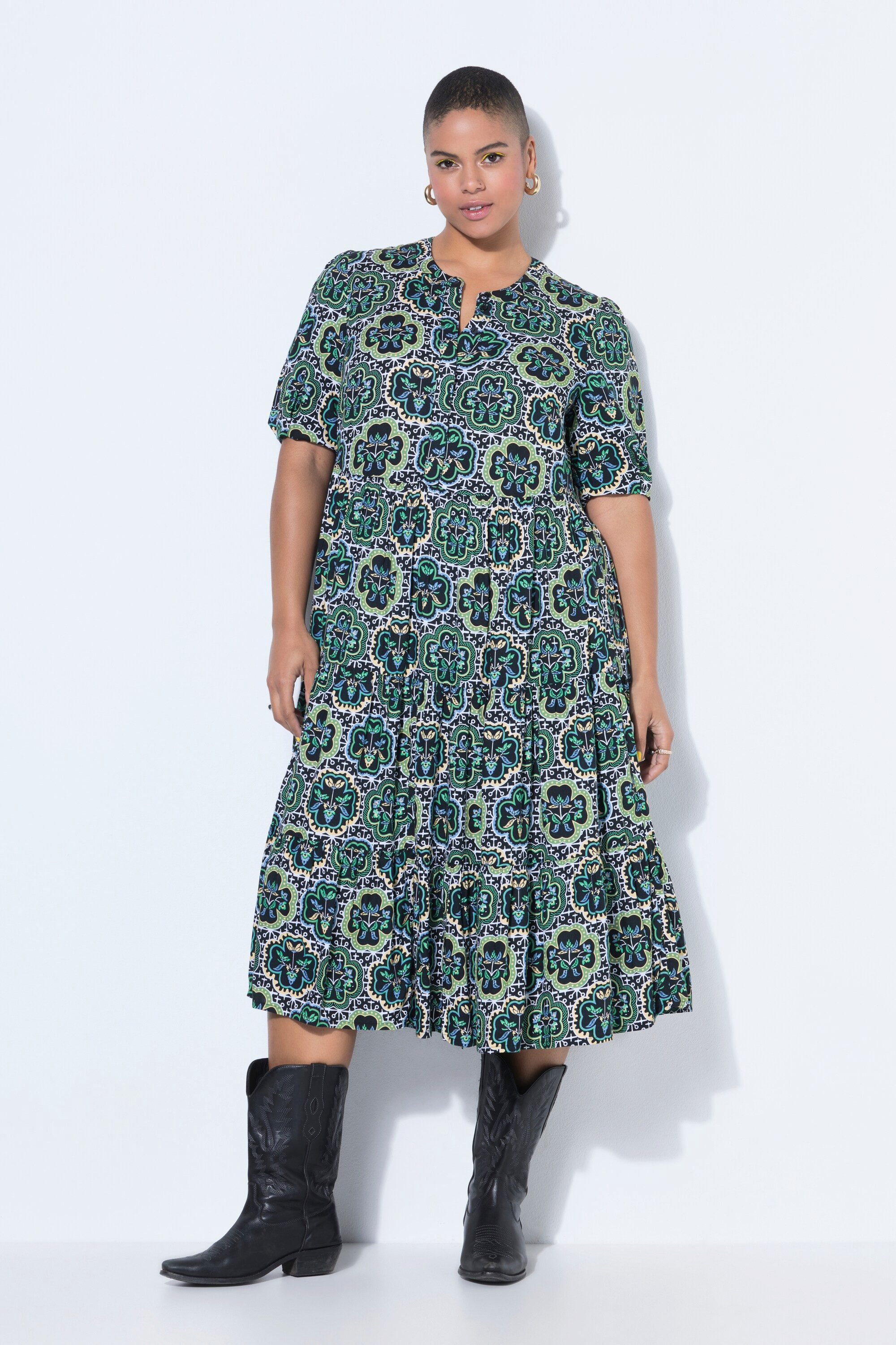 Studio Untold Jerseykleid Maxikleid A-Linie Kachel-Print Volants Halbarm