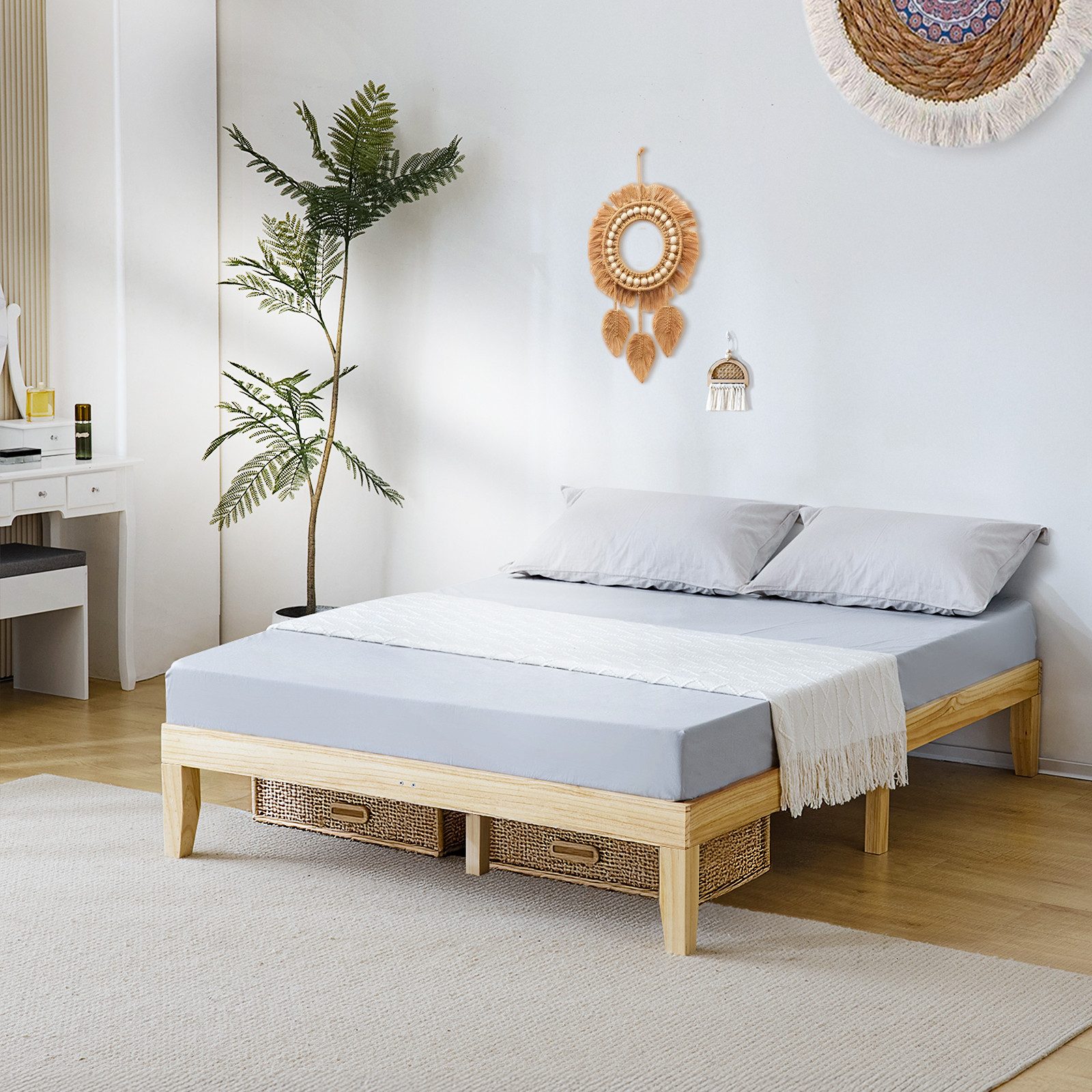 VINGLI Bettgestell 90x200cm/140x200cm/160x200cm, Holzbett mit Lattenrost Natur
