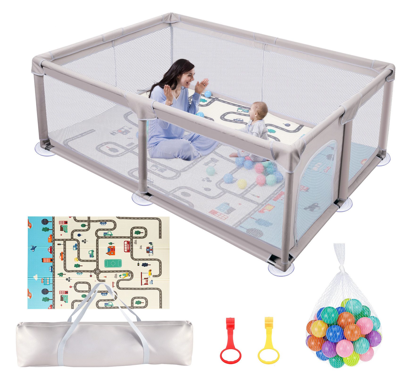 ElitVita Laufgitter Laufstall Baby mit Matte & bunten Kugeln – sicherer Spielbereich, 600D Oxford Stoff, Saugnäpfe & Stahlrahmen–Laufgitter für Kinder