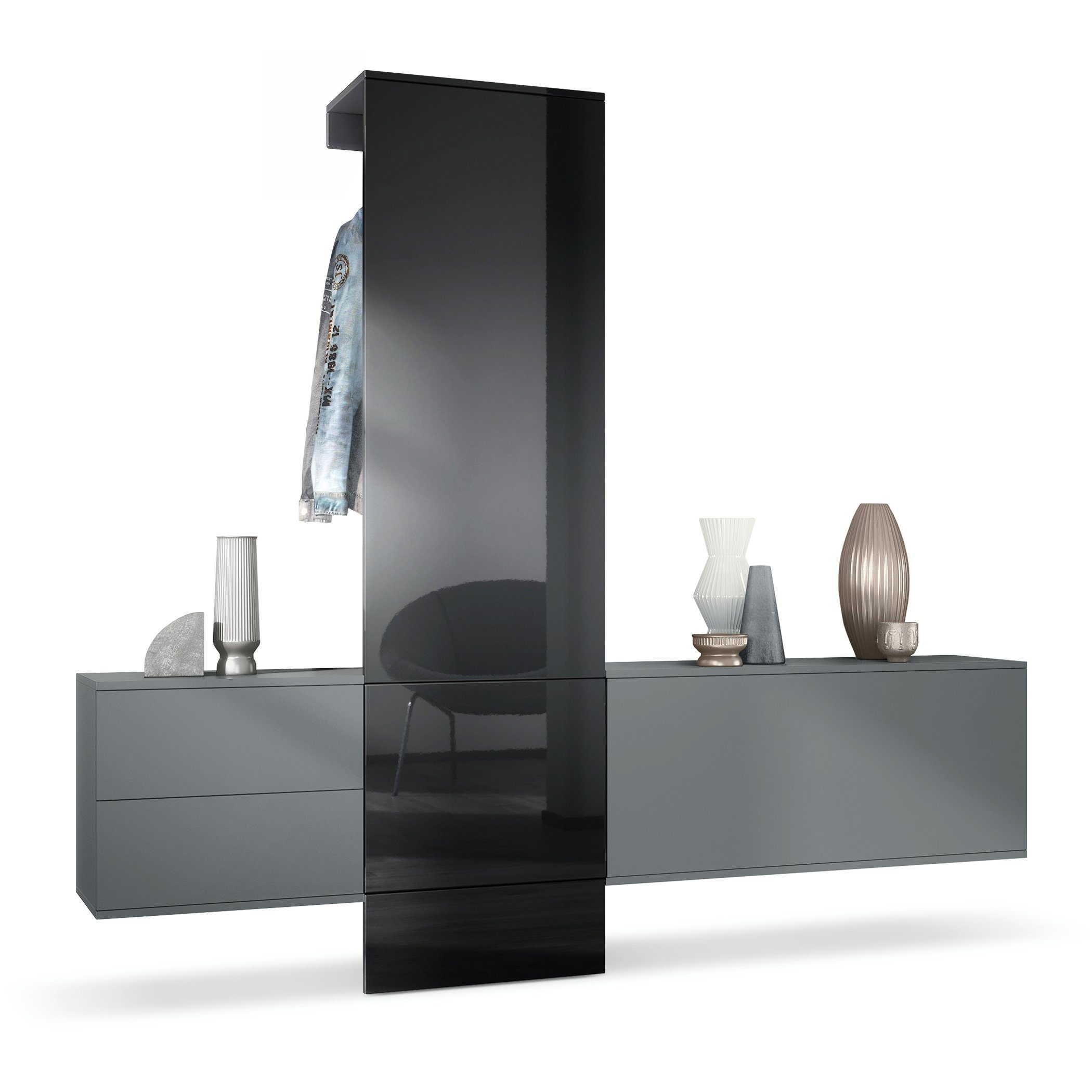 Vladon Garderoben-Set Carlton Set 1, (Wandgarderobe bestehend aus, 1 Paneel, 1 Schubkastenschrank und 1 Schrankmodul), Anthrazit matt/Schwarz Hochglanz (209 x 193 x 35 cm)