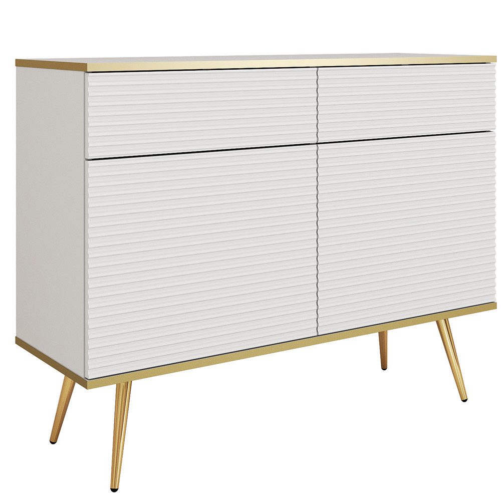 Lomadox Kommode OLOVO-160, Weiß, goldfarbenen Kanten, Metallbeine Goldfarben
