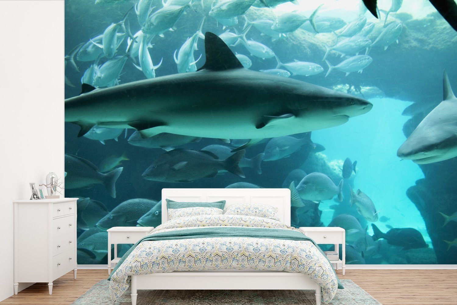 MuchoWow Fototapete Großer Hai in einem Aquarium, Matt, bedruckt, (6 St), Wallpaper für Wohnzimmer, Schlafzimmer, Kinderzimmer, Vinyl Tapete