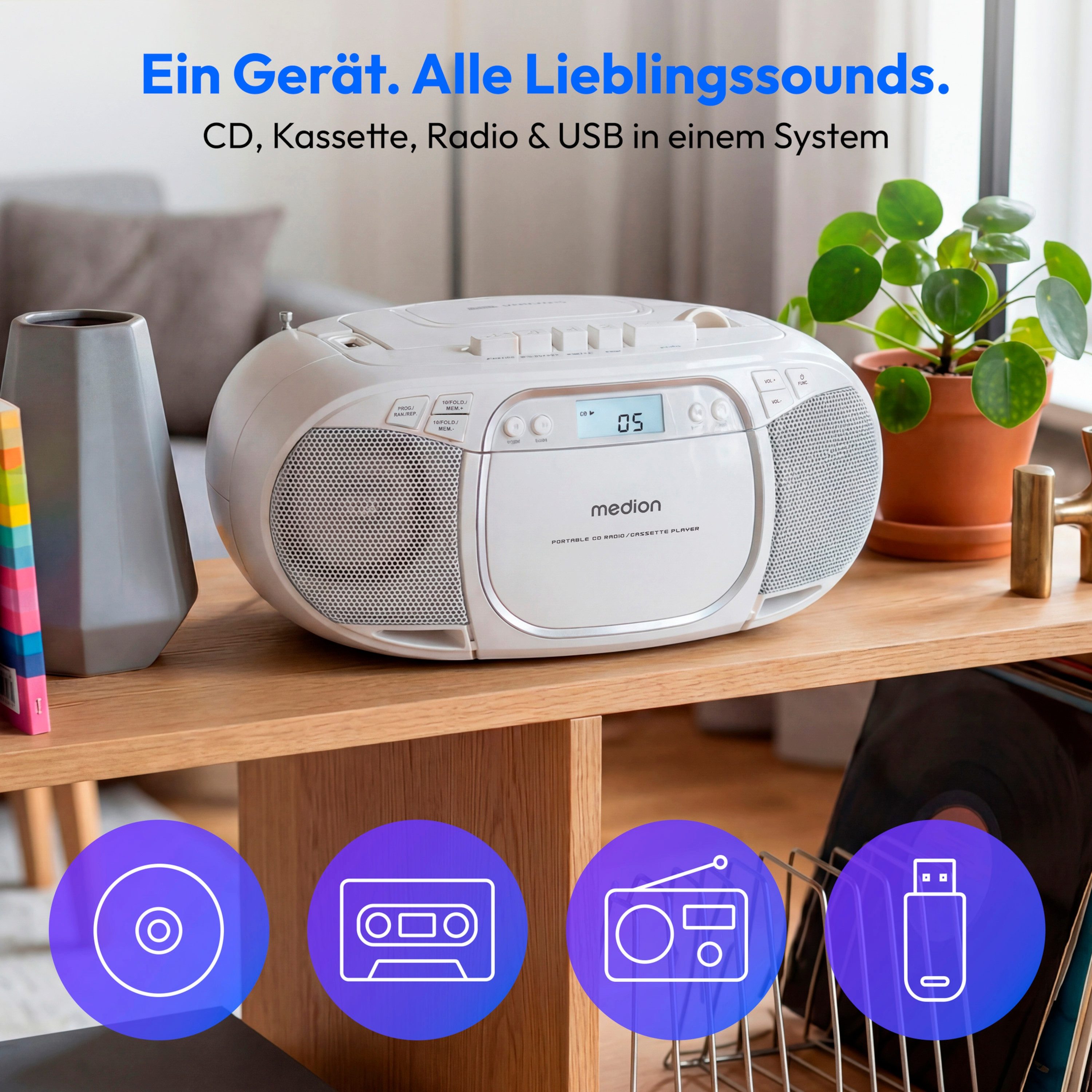 Medion® Kassetten Player (An/Aus Anzeige, Audiokassetten, AUX-Eingang, Batteriebetrieben, CD-Player, CD-R-Wiedergabe, CD-RW-Wiedergabe, FM-Radio, Digitalanzeige, Kassettenwiedergabe, USB, Tragbar, Stereo, Radio, MP3 CD-Wiedergabe, On/Off Switch, MW/UKW Radio, Netzbetrieben, Lautstärkeregelung, 2x 20W max., LC-Display, 30 Senderspeichern, USB)