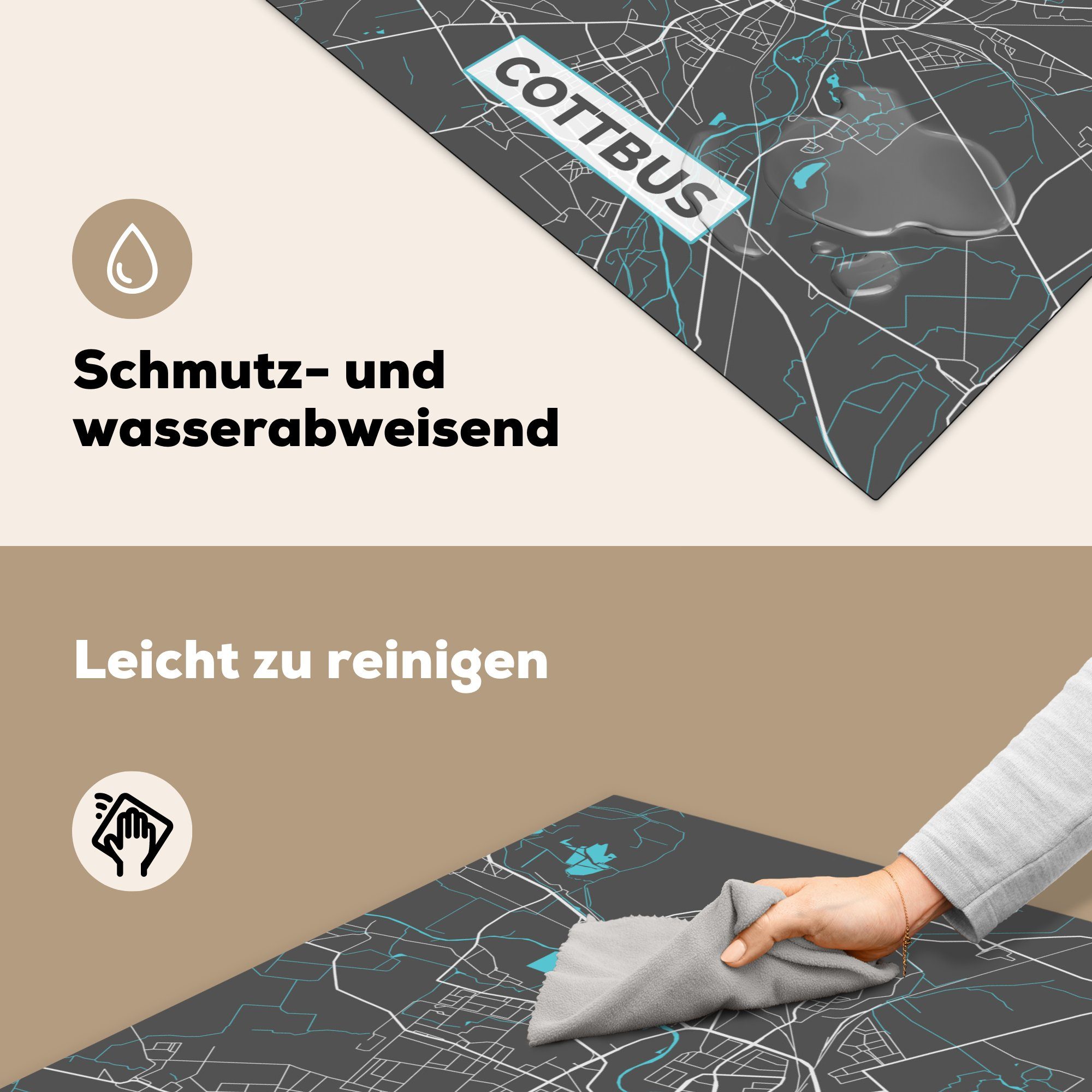 (1 für Arbeitsplatte küche Stadtplan - Ceranfeldabdeckung, Cottbus Herdblende-/Abdeckplatte Karte Deutschland Karte, - Vinyl, MuchoWow cm, Blau 78x78 tlg), - - -