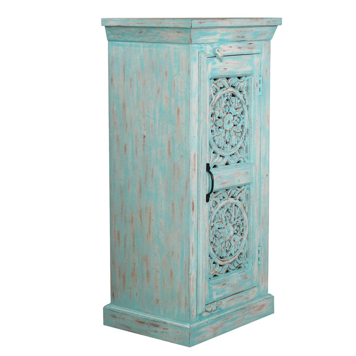 Oriental Galerie Mehrzweckschrank Blaue Kommode kleiner Schrank Indien Blau 107cm Flurschrank schmal hoch, Diele, Nachtschrank, Landhaus