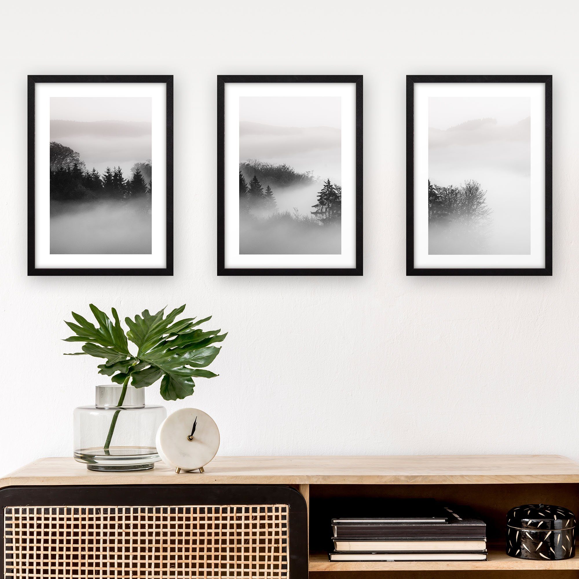 Kreative Feder Poster, Landschaft, Natur, Wald, Nebel, schwarz-weiß (Set, 3 günstig online kaufen