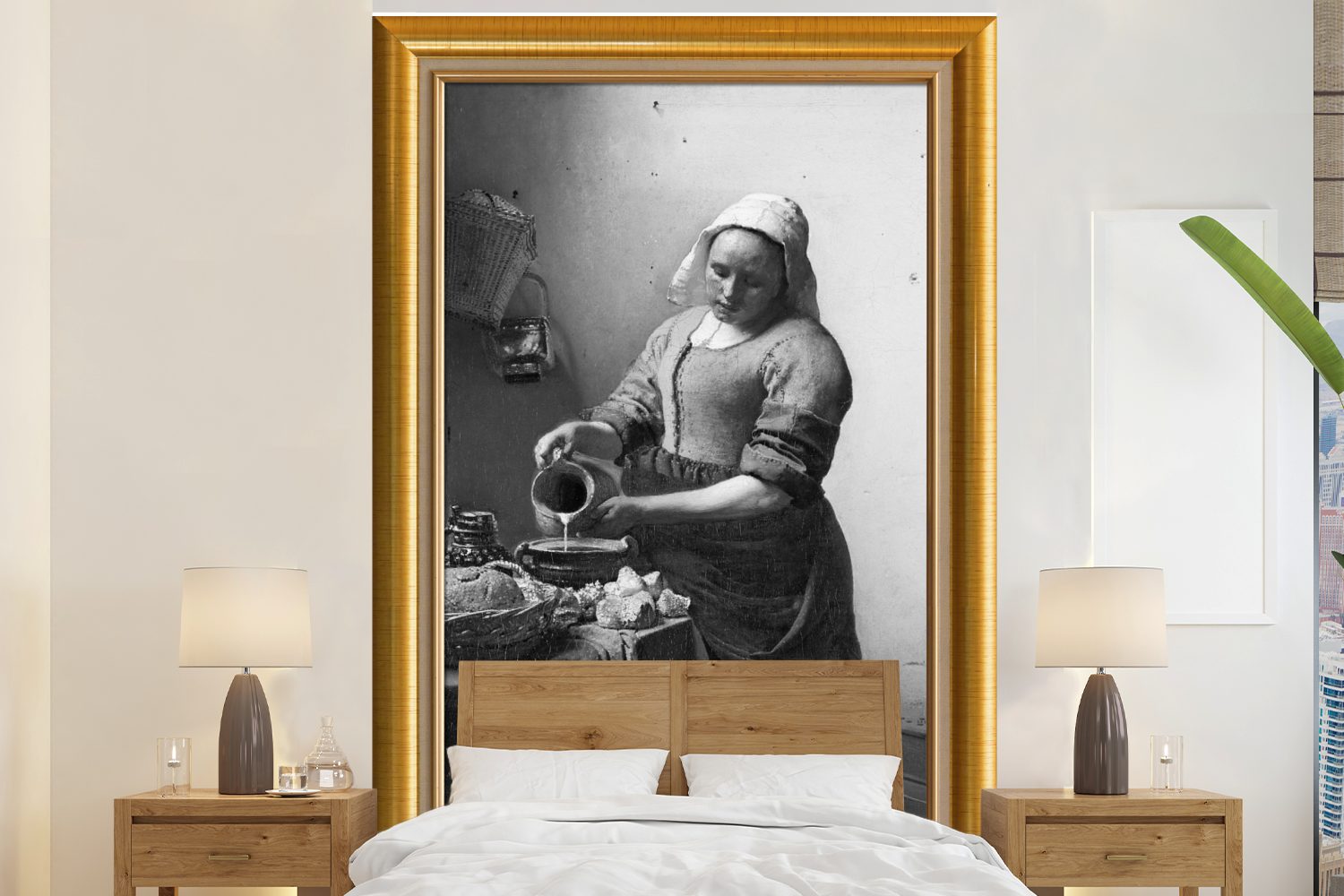 MuchoWow Fototapete Milchmädchen - Vermeer - Rahmen - Gold, Matt, bedruckt, (3 St), Montagefertig Vinyl Tapete für Wohnzimmer, Wandtapete