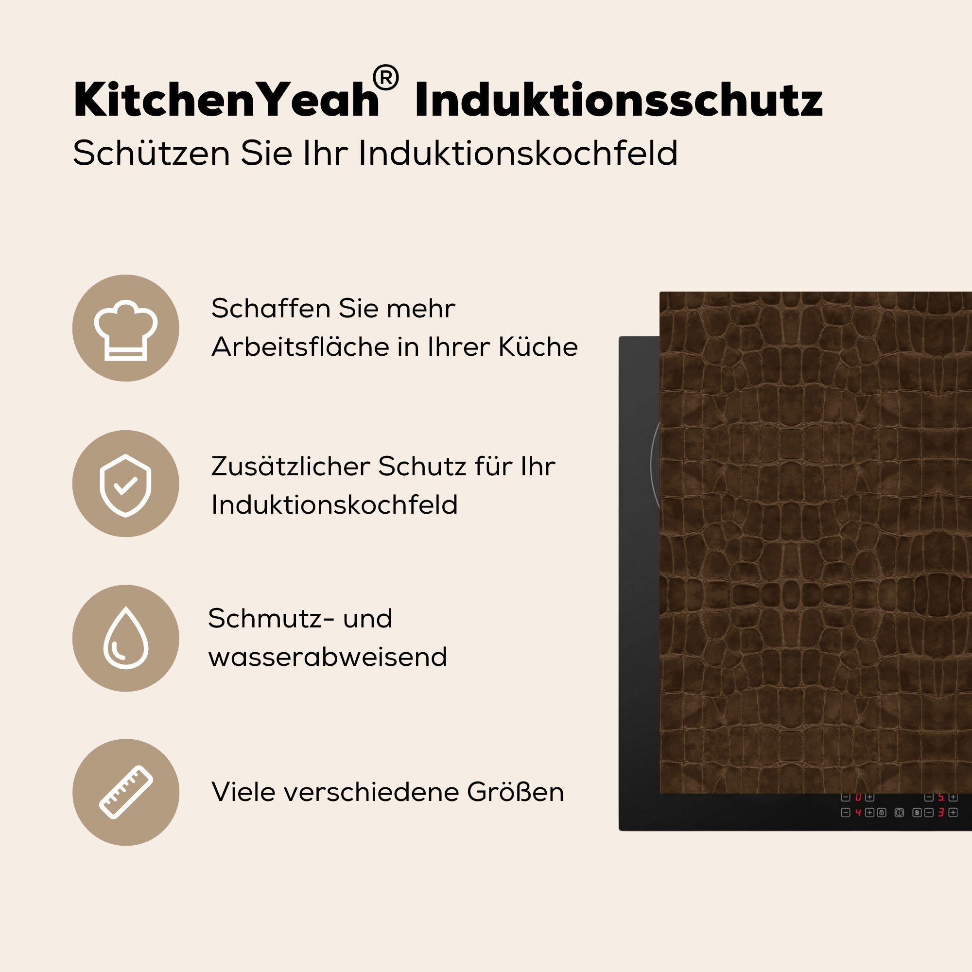 MuchoWow Herdblende-/Abdeckplatte Induktionsschutz - Tierhaut, Arbeitsplatte Vinyl, 83x51 - Leder - küche für Braun (1 cm, Ceranfeldabdeckung, tlg)
