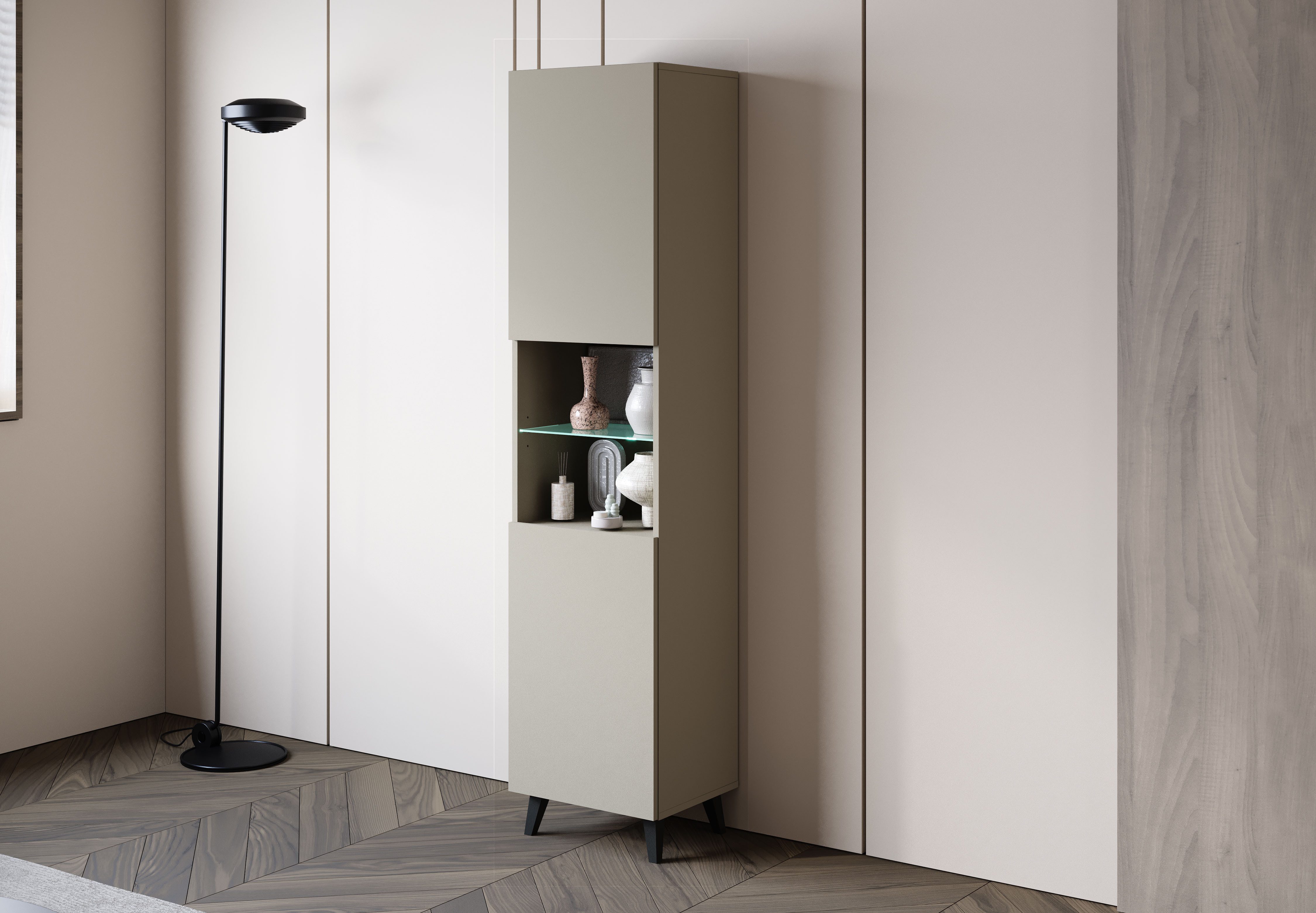 Home affaire Vitrine Phuket, Moderner Wohnschrank mit LED-Beleuchtung und Glasboden (1-St) Verstellbare Einlegeböden für flexible Aufbewahrung