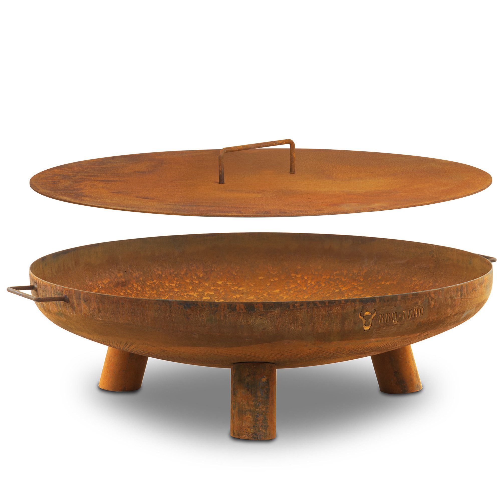 BBQ-Toro Feuerstelle Feuerschale Ø 80 cm mit Deckel, Rostoptik, Outdoor Dreibein Feuerstell, Hitzebeständig