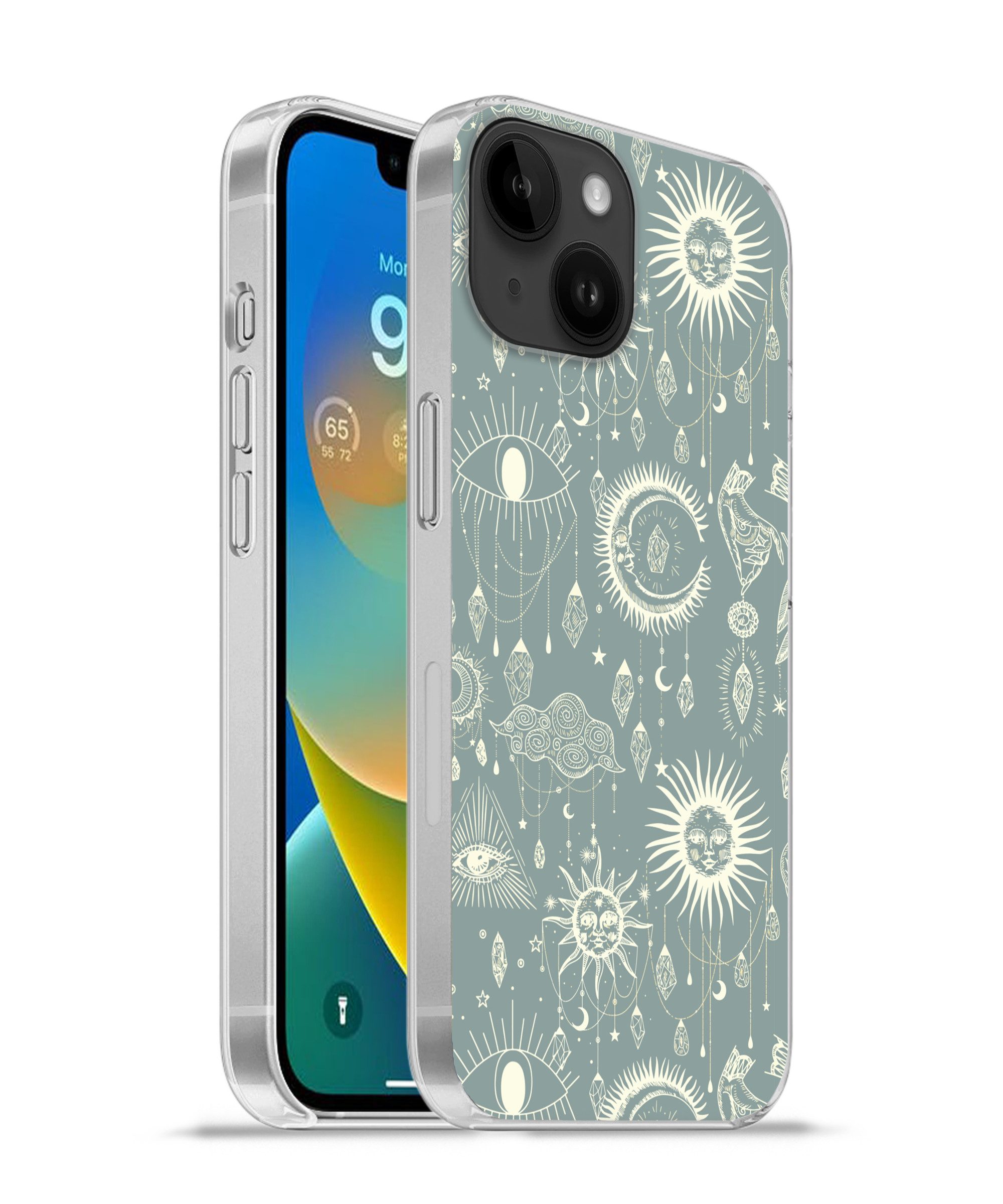 MuchoWow Handyhülle für Apple iPhone 14 Boho - Druck - Blau - Sonne - Augen - Zen, Smartphone-Bumper, Print, Handy Schutzhülle Dünn