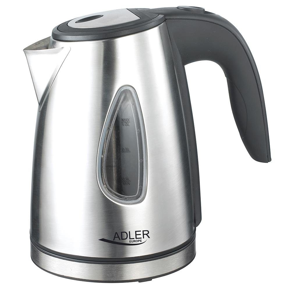 ADLER EUROPE Wasserkocher AD 1203 kleiner Edelstahl Wasserkocher für Büro, Singleküche, 1 l, 1630 W, blaue LED Beleuchtung, 360° Basis, schnellkochend Silbern