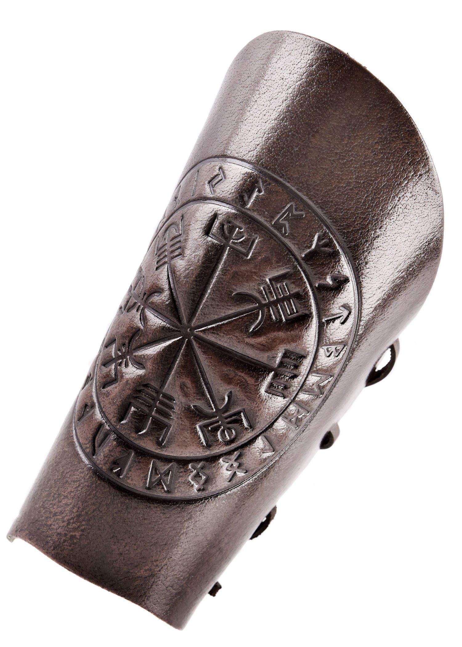 Ritter-Kostüm Armschützer braun aus Leder mit Vegvisir-Prägung