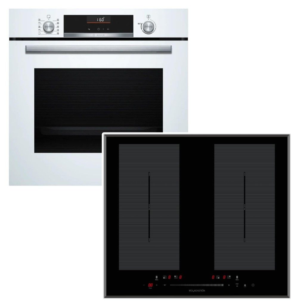 BOSCH Backofen-Set Backofen Air Fry weiß + Wolkenstein Induktionskochfeld Booster Flex, EcoClean Direct