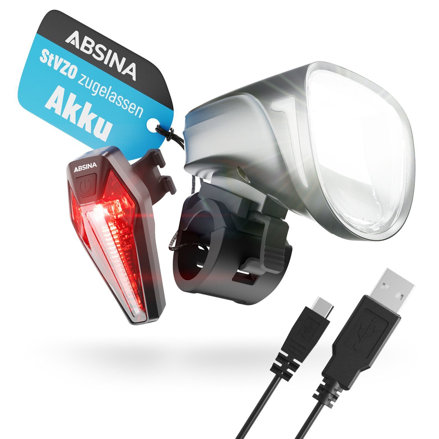 ABSINA Fahrradbeleuchtung »LED Fahrradlicht Set USB aufladbar - 200m  Reichweite & 100 Lux Fahrradbeleuchtung StVZO zugelassen - Fahrradlichter  vorne und hinten«