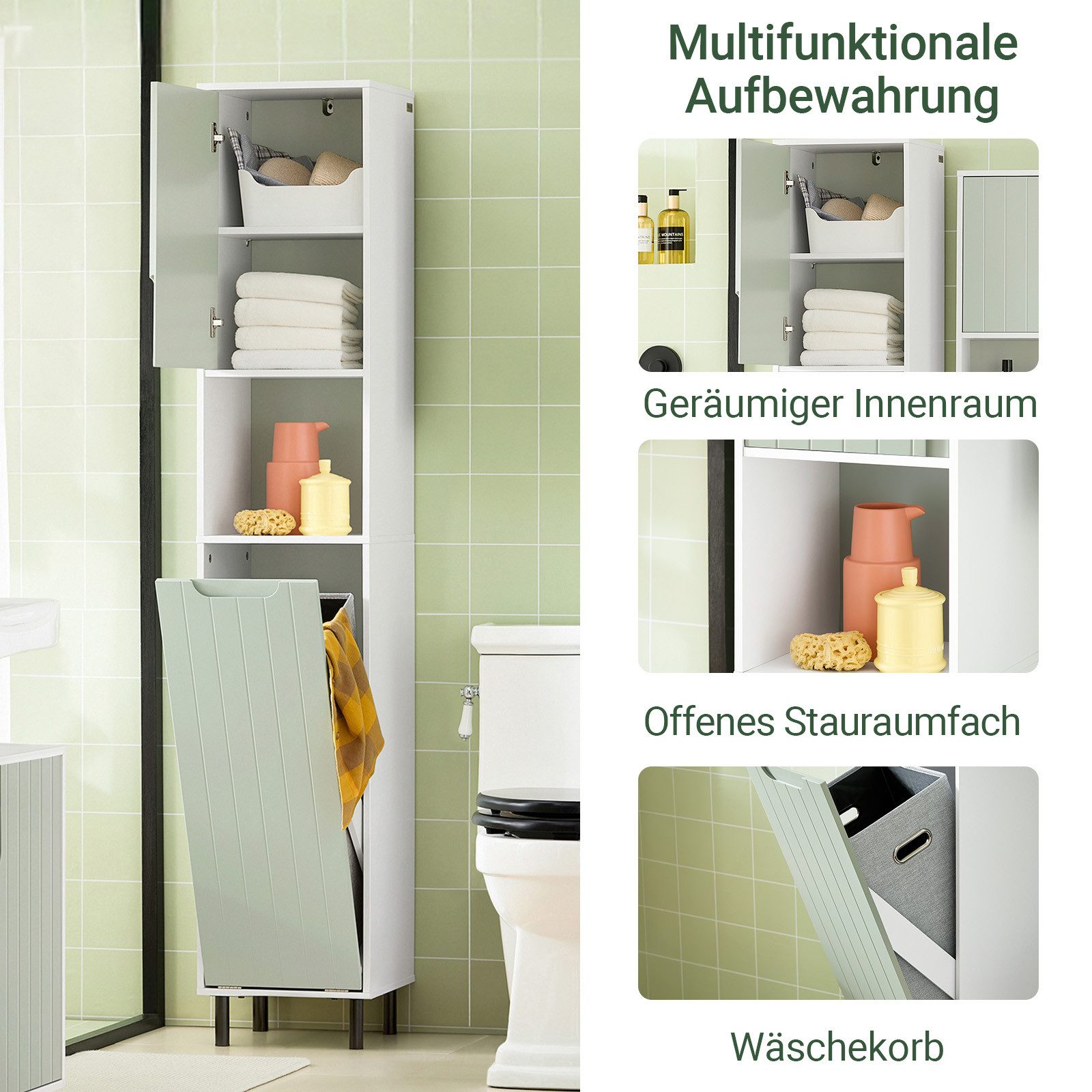 SoBuy Hochschrank BZR137, Badezimmerschrank Hochschrank, Badschrank Schmal, Badkommode Badezimmerschrank mit Wäschesack, verstellbare Ablagen, offenes Fach – Bild 5 von 5