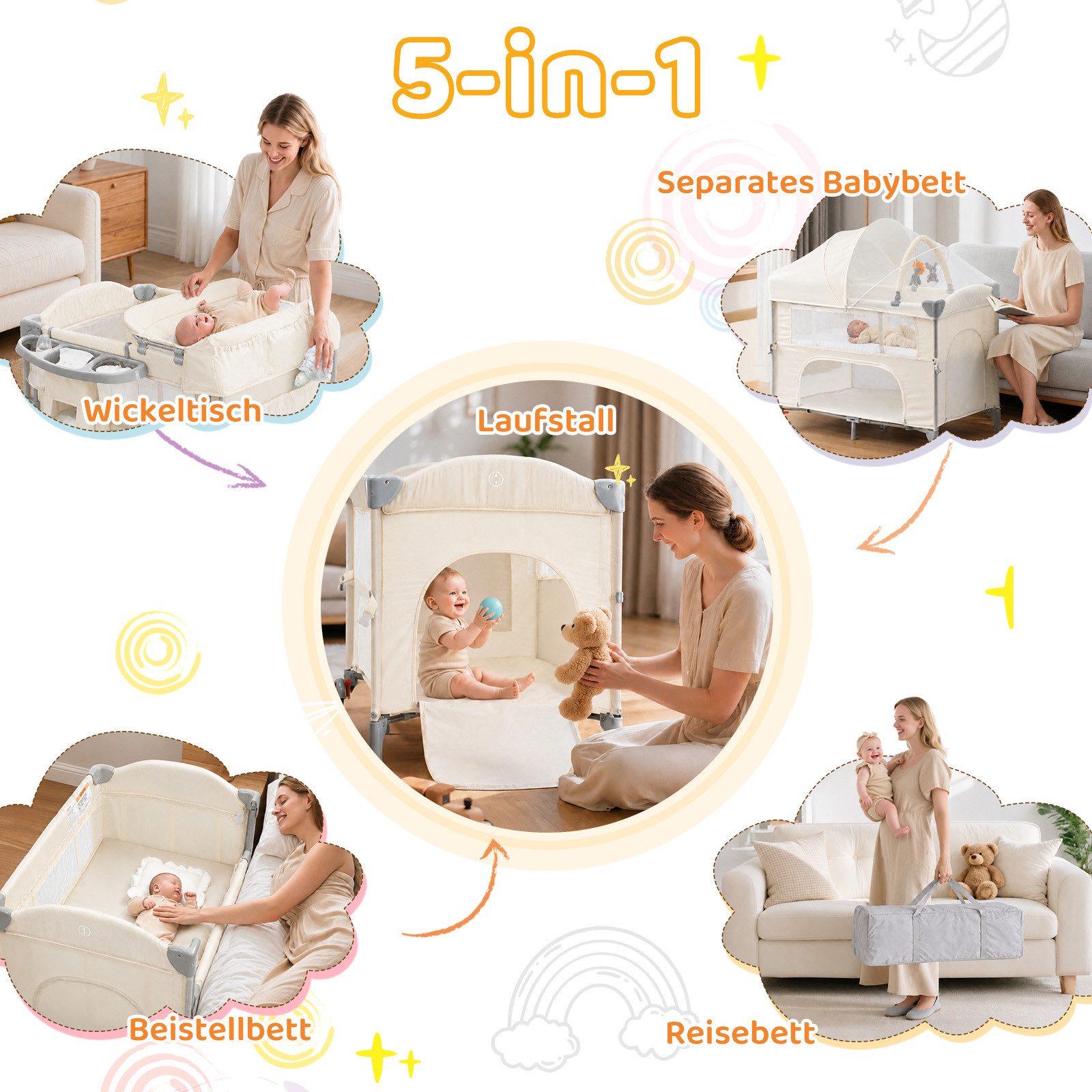 LALAHO Baby-Reisebett Faltbares Baby Reisebett- Babybett mit Matratze, Tragetasche&Stauraum, Laufstall Baby, Wickeltisch, Zwei Matratzenaufhängungshöhen