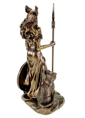 Kremers Schatzkiste Dekofigur Göttin Freya in Rüstung mit Speer und Schild und Wildkatze Figur Odin