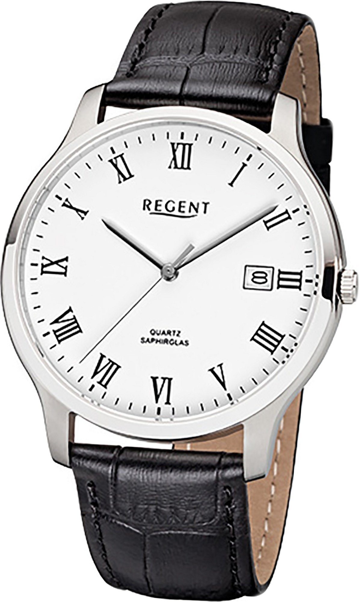 Regent Quarzuhr Regent Leder Herren Uhr F-960 Quarzuhr, Herrenuhr mit Lederarmband, rundes Gehäuse, mittel (ca. 39mm), Elegant