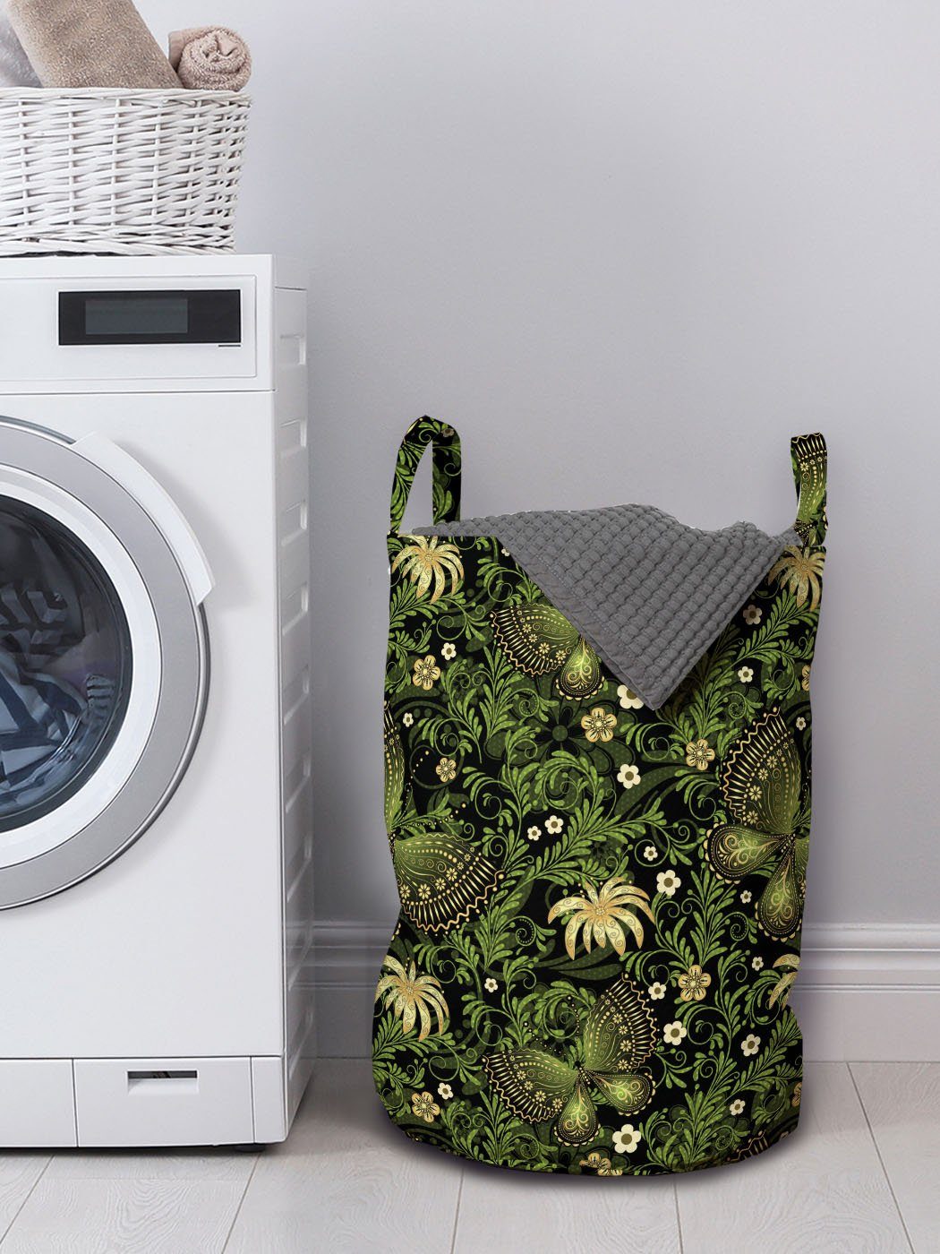Wäschekorb Kordelzugverschluss Verziert Wäschesäckchen Abakuhaus Salbei mit für Waschsalons, Griffen Frühlings-Schmetterlinge
