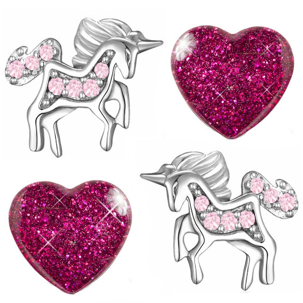 Limana Ohrstecker-Set Ohrringe echt 925 Sterling pink Pferde Einhorn Glitzer Zirkonia Herz, Silber Kristalle Edelstahl