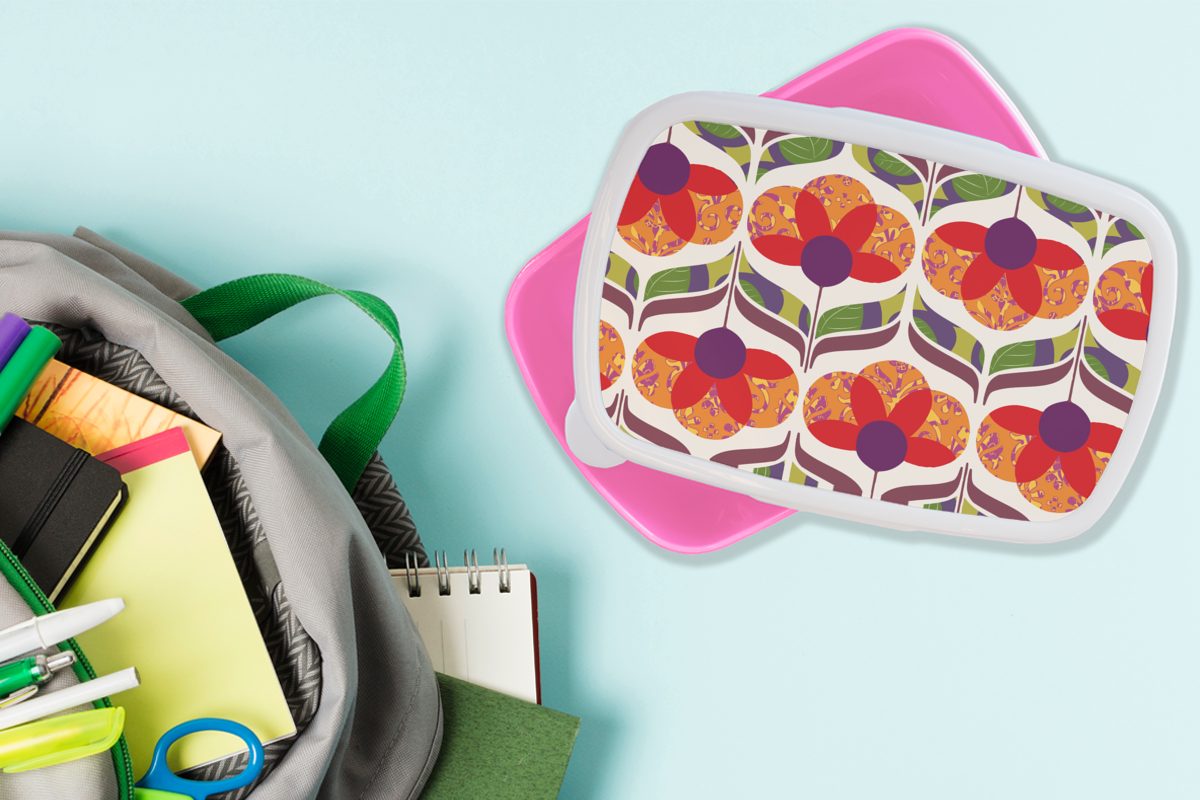 rosa Brotdose Vintage Flower Kunststoff, (2-tlg), Mädchen, MuchoWow Farben, Erwachsene, - Power Retro - für Brotbox Kinder, Snackbox, Kunststoff - Lunchbox