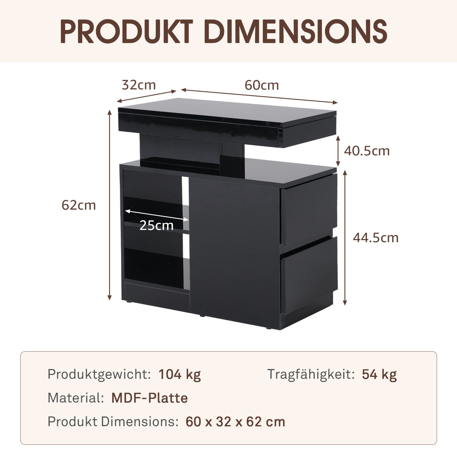 Sunsitt Beistelltisch Moderner Beistelltisch im Hochglanz (Wohnzimmertisch in 60 x 32 x 62 cm, Kaffeetisch mit 2 Schuhbladen), Sofatisch für Wohnzimmer, Schlafzimmer, Büro, Schwarz