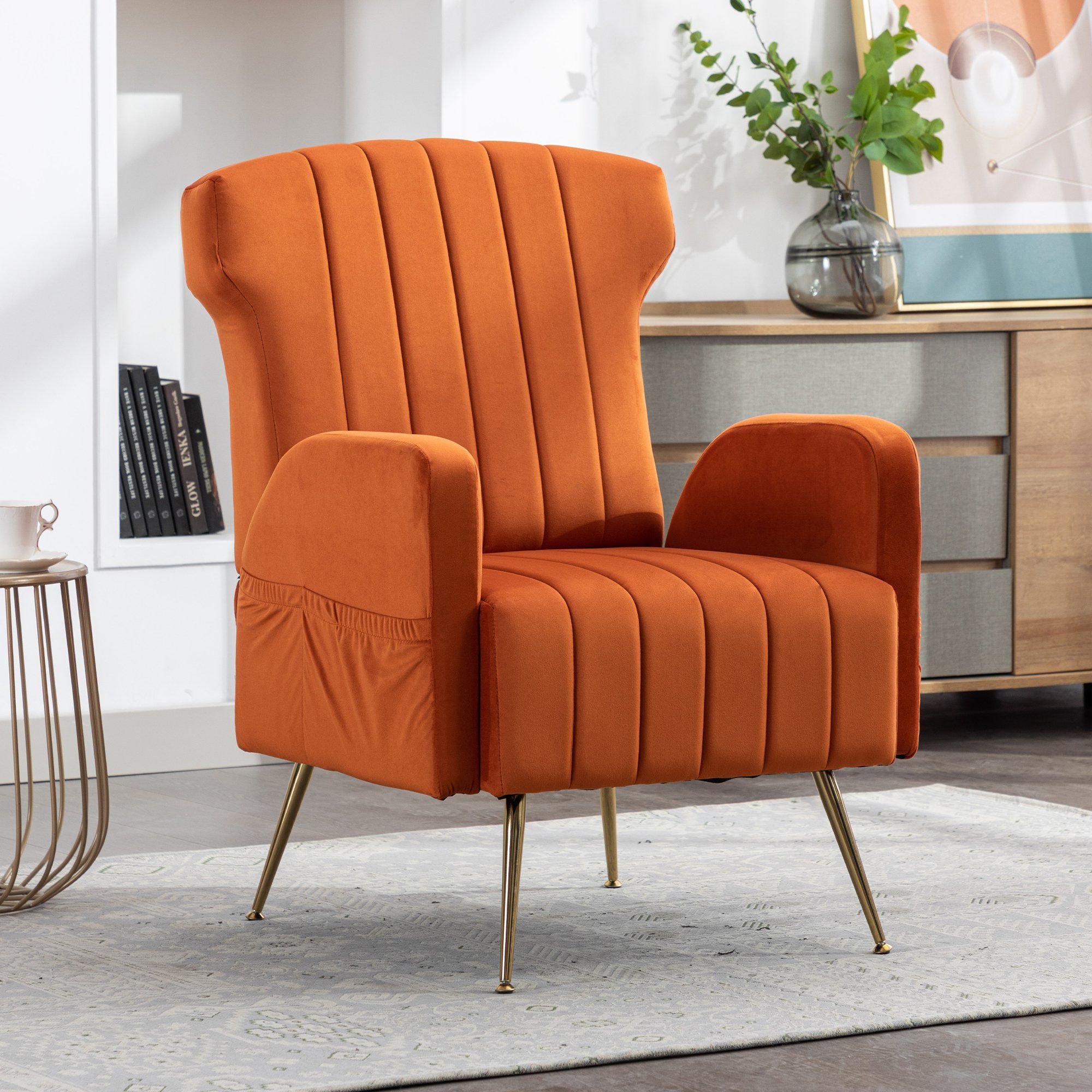 Polsterstuhl, Sessel goldenen Füßen mit Relaxsessel Fernsehsessel mit Samt, eitentaschen, WISHDOR orange Loungesessel