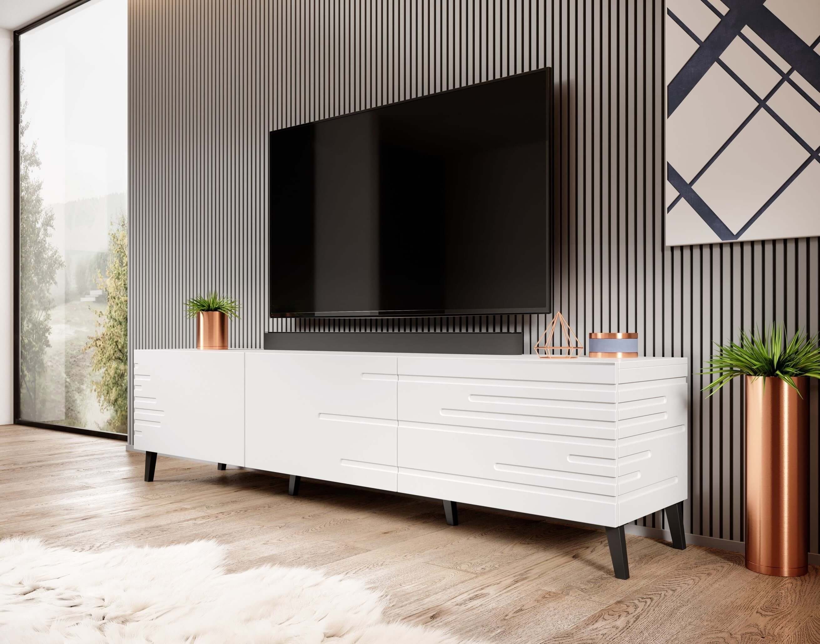 Furnix TV-Schrank NEVILLA Fernsehschrank mit dekorativen gefrästen Fronten Maße: B186 x H48 x T40 cm Weiß