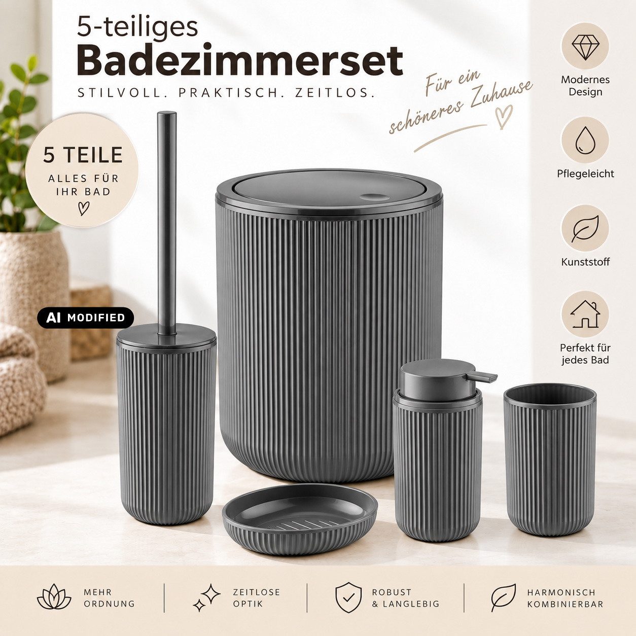 axentia Badaccessoire-Set Bad-Set Badezimmerset Badezimmer-Ausstattung, 5-teiliges Badset, Kosmetikeimer Seifenschale Seifenspender WC-Bürste Zahnputzbecher – Bild 2 von 5