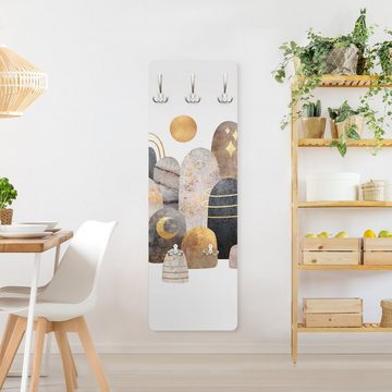 Bilderdepot24 Garderobenpaneel grau Abstrakt Kunst Muster Gold Berge mit Mond Design (ausgefallenes Flur Wandpaneel mit Garderobenhaken Kleiderhaken hängend), moderne Wandgarderobe - Flurgarderobe im schmalen Hakenpaneel Design