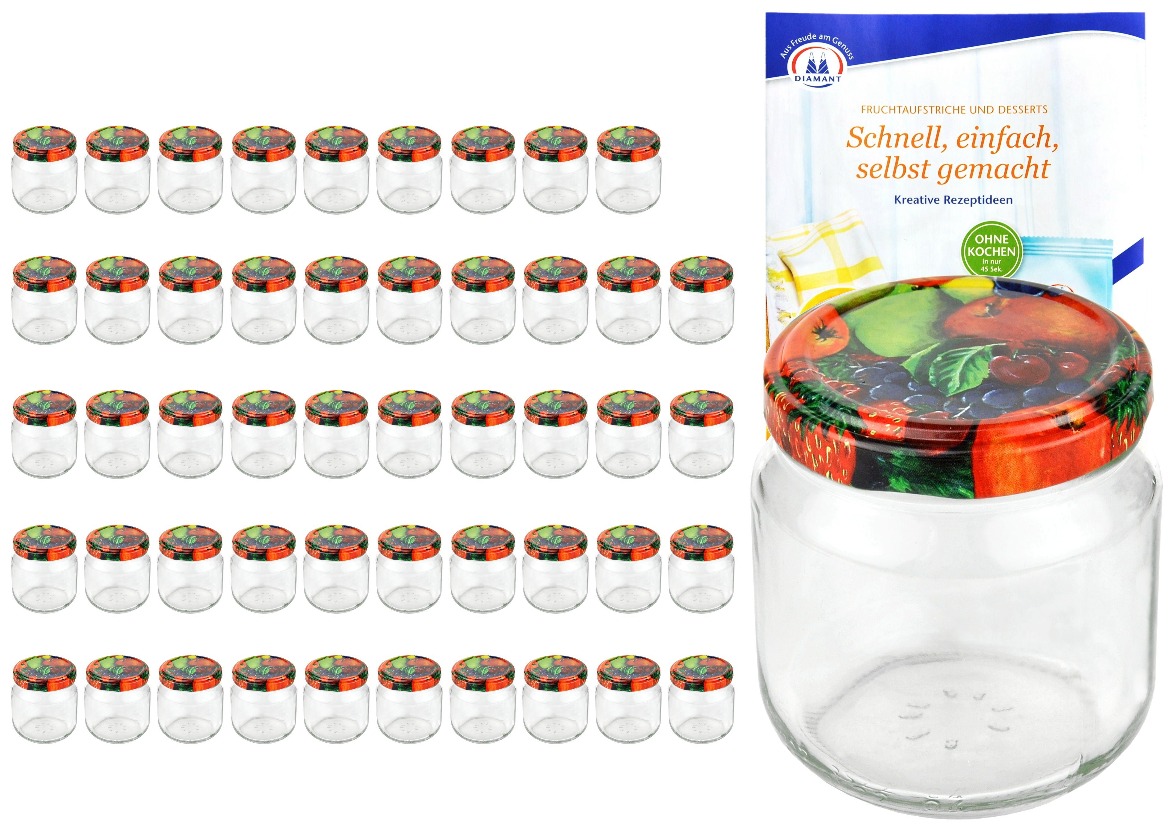 MamboCat Einmachglas 50er Set Rundglas 212 ml nieder To 66 Obst Dekor Deckel Rezeptheft, Glas